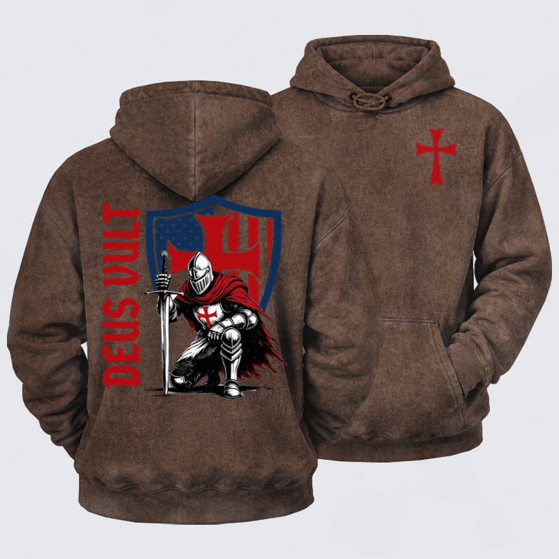 Washed Hoodie -Templar Knight Crusader Deus Vult