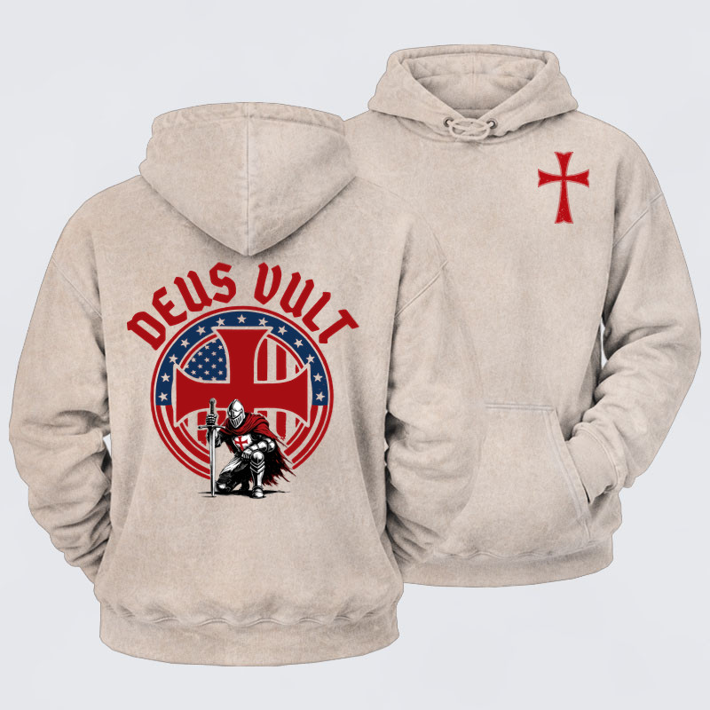 Washed Hoodie- Templar Knight Crusader Deus Vult