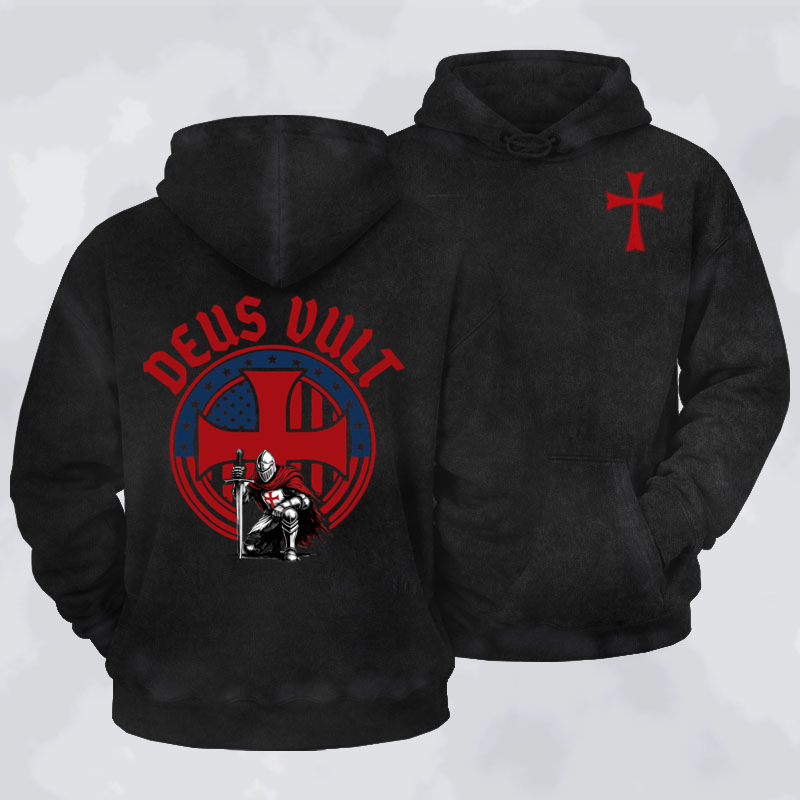 Washed Hoodie- Templar Knight Crusader Deus Vult