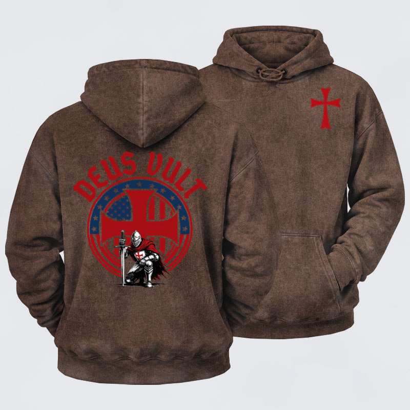 Washed Hoodie- Templar Knight Crusader Deus Vult