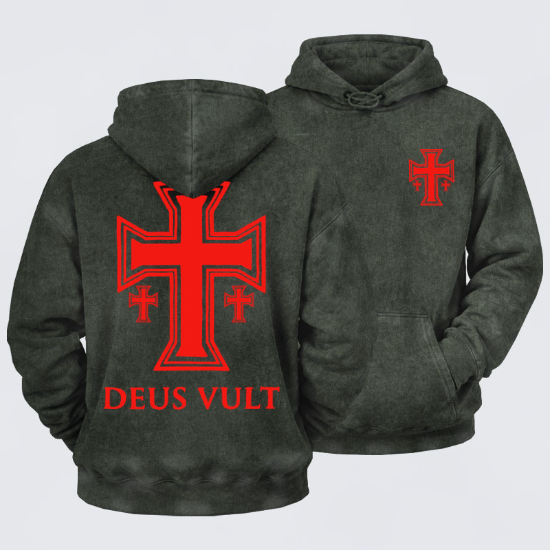 Washed Hoodies-Deus Vult Crusader Cross Templar Jerusalem