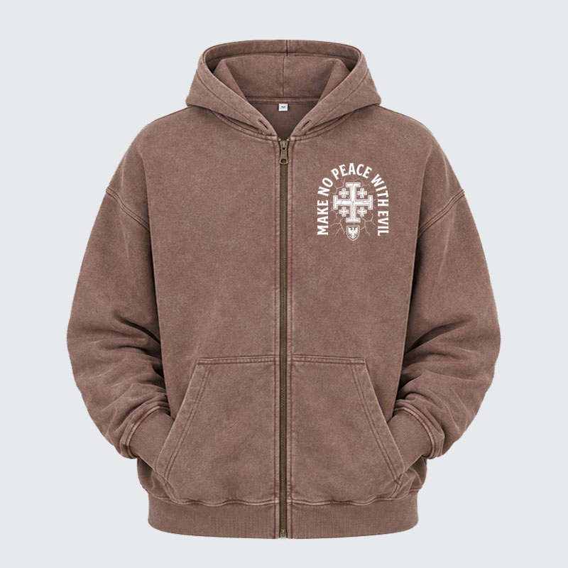 Washed Zip-Up Hoodie -Make No Peace with Evil Knight Templar Jerusalem Cross