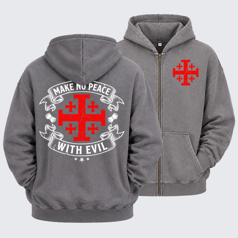 Washed Zip-Up Hoodie -Make No Peace with Evil Knight Templar Jerusalem Cross