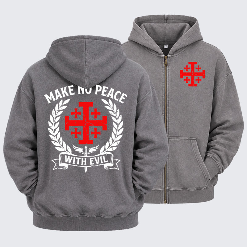 Washed Zip-Up Hoodie -Make No Peace with Evil Knight Templar Jerusalem Cross