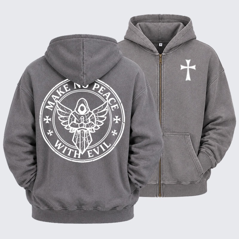 Washed Zip-Up Hoodie -Make No Peace with Evil Knight Templar Jerusalem Cross