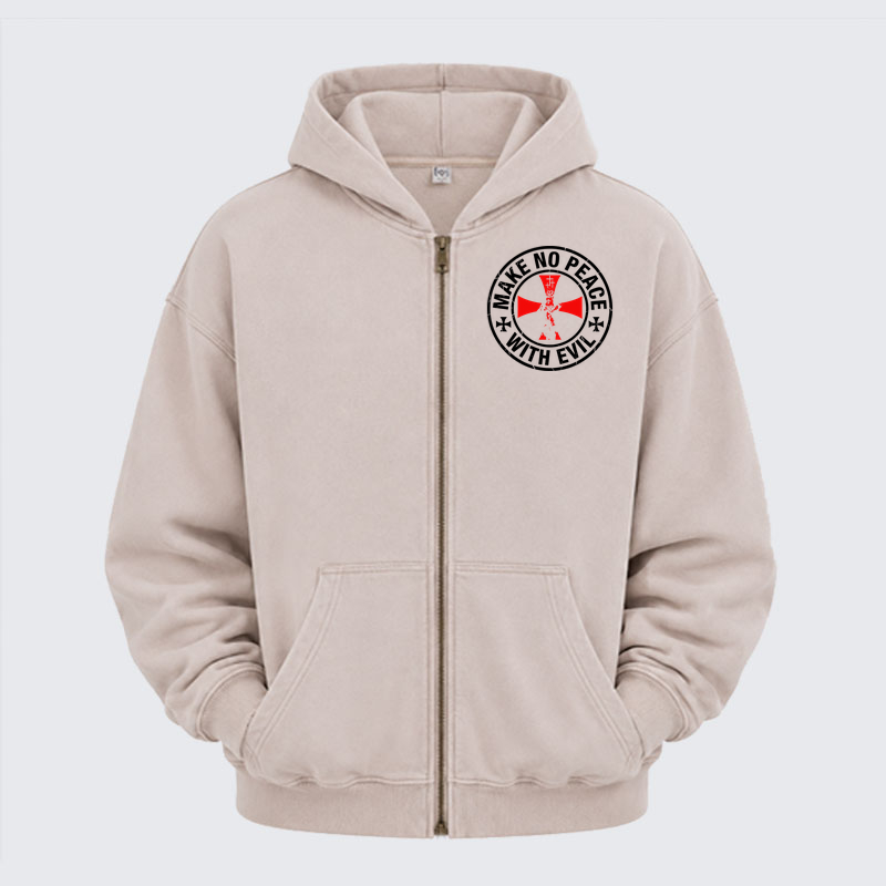 Washed Zip-Up Hoodie -Make No Peace with Evil Knight Templar Cross