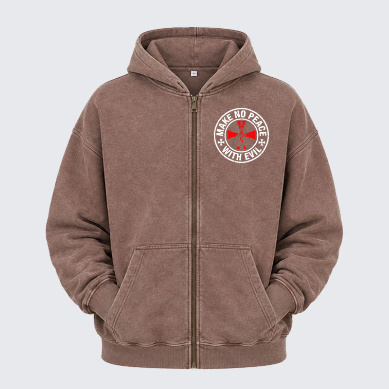 Washed Zip-Up Hoodie -Make No Peace with Evil Knight Templar Cross