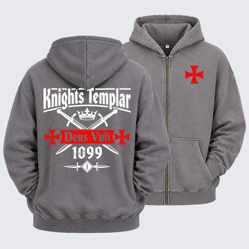 Washed Zip-Up Hoodie - Knights Templar Deus Vult