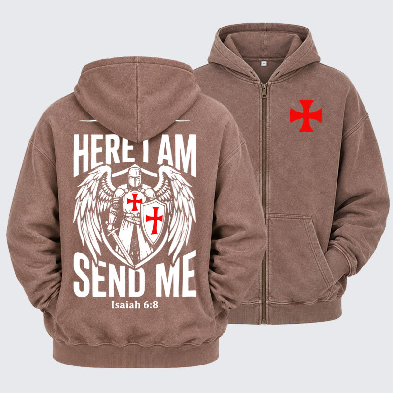 Washed Zip-Up Hoodie -Here I Am Send Me Knight Templar Crusader