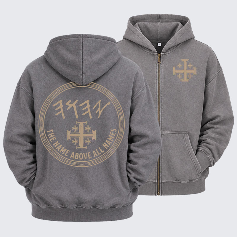 Washed Zip-Up Hoodie - Yeshua Name Above All Names Yahweh YHWH Hebrew Name 