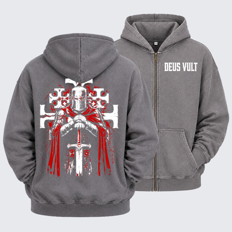 Washed Zip-Up Hoodie -Deus Vult: God Wills It