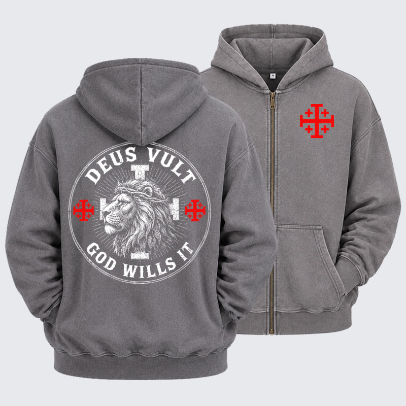 Washed Zip-Up Hoodie -Deus Vult