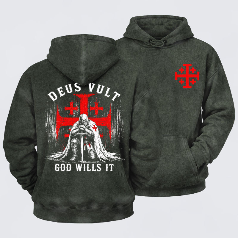 Washed Hoodies-Knights Templar Deus Vult