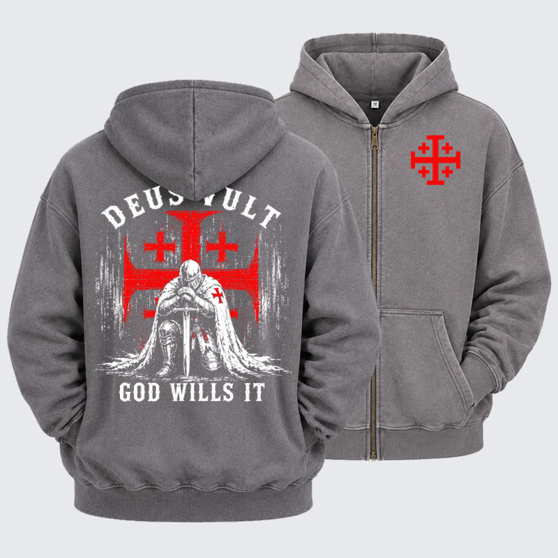 Washed Zip-Up Hoodie -Knights Templar Deus Vult