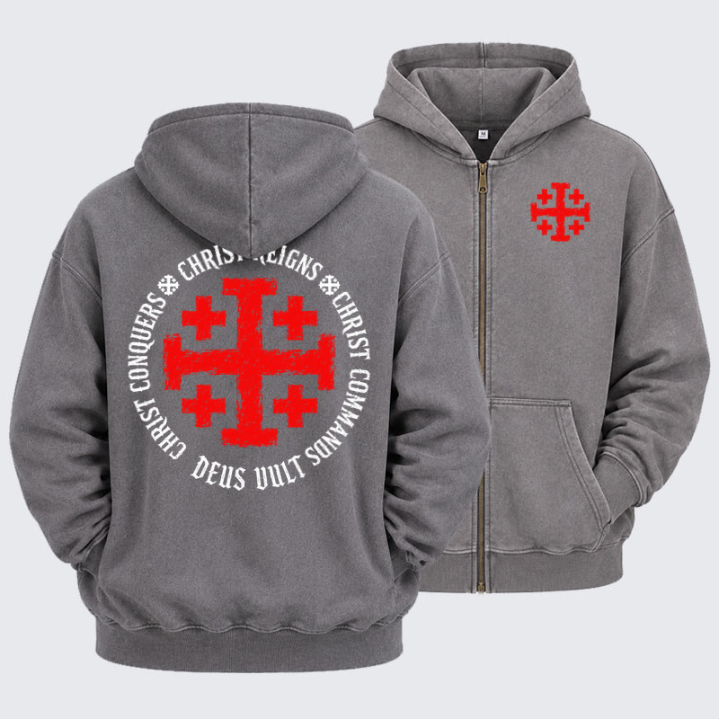 Washed Zip-Up Hoodie - Christ Reigns Christ Conquers Christ Commands Jerusalem Cross