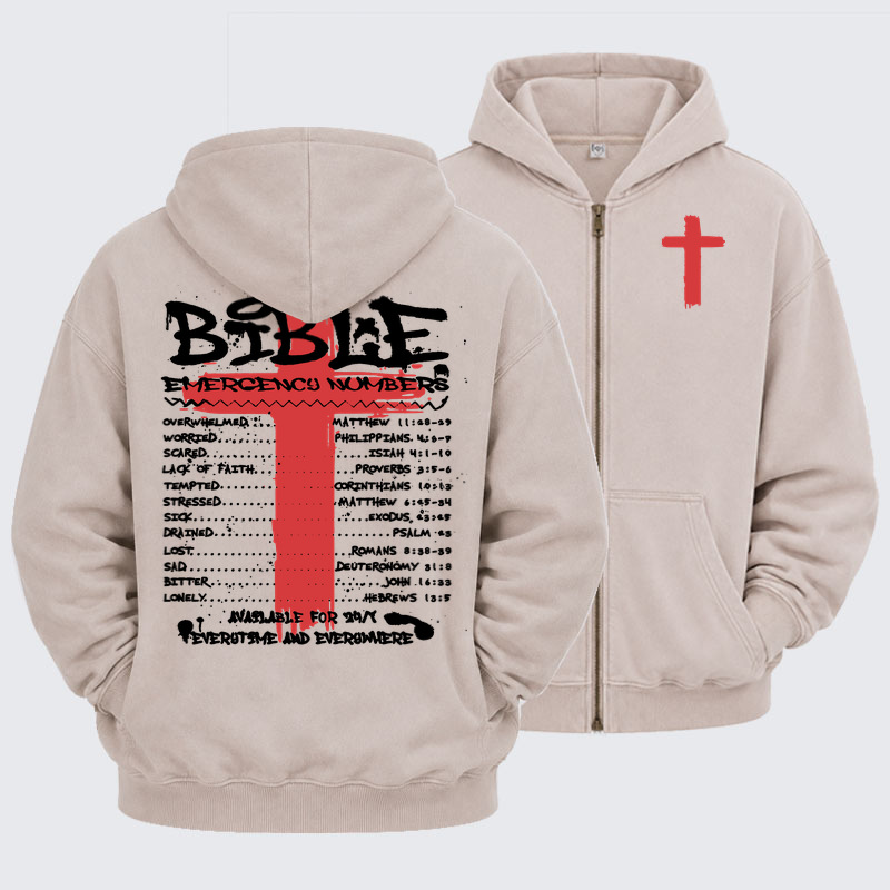 Washed Zip-Up Hoodie -Bible Emergency Numbers   
