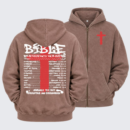 Washed Zip-Up Hoodie -Bible Emergency Numbers   