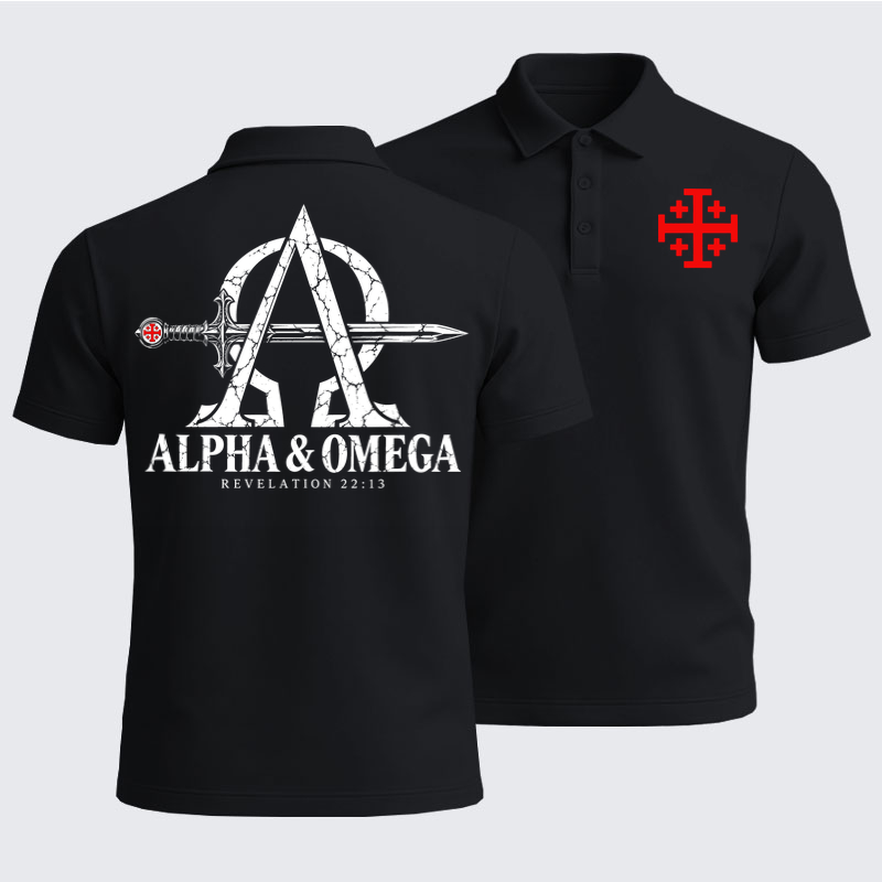 Men’s Premium Cotton Polo Shirt - Alpha & Omega – Revelation 22:13 Christian Warrior