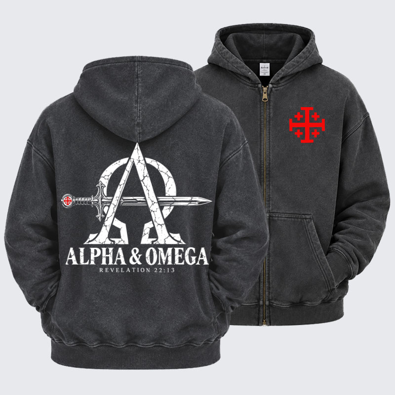 Washed Zip-Up Hoodie - Alpha & Omega – Revelation 22:13 Christian Warrior