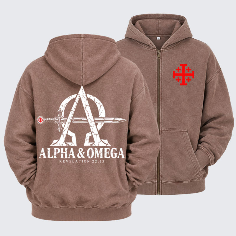 Washed Zip-Up Hoodie - Alpha & Omega – Revelation 22:13 Christian Warrior