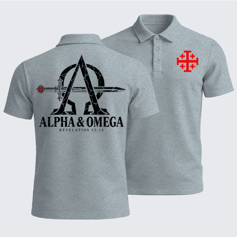 Men’s Premium Cotton Polo Shirt - Alpha & Omega – Revelation 22:13 Christian Warrior
