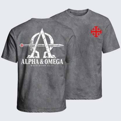Washed T-Shirt - Alpha & Omega – Revelation 22:13 Christian Warrior