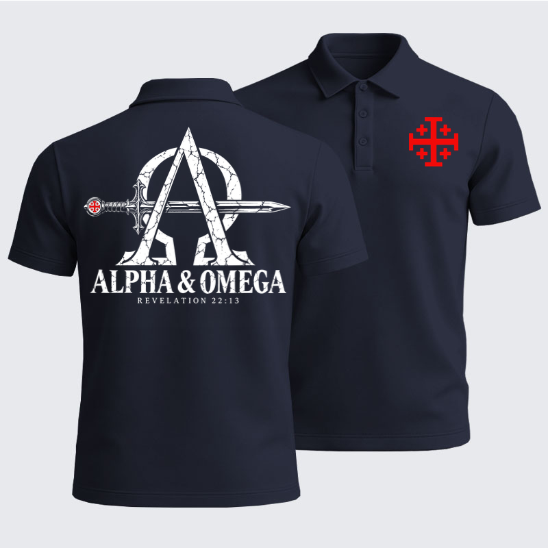 Men’s Premium Cotton Polo Shirt - Alpha & Omega – Revelation 22:13 Christian Warrior