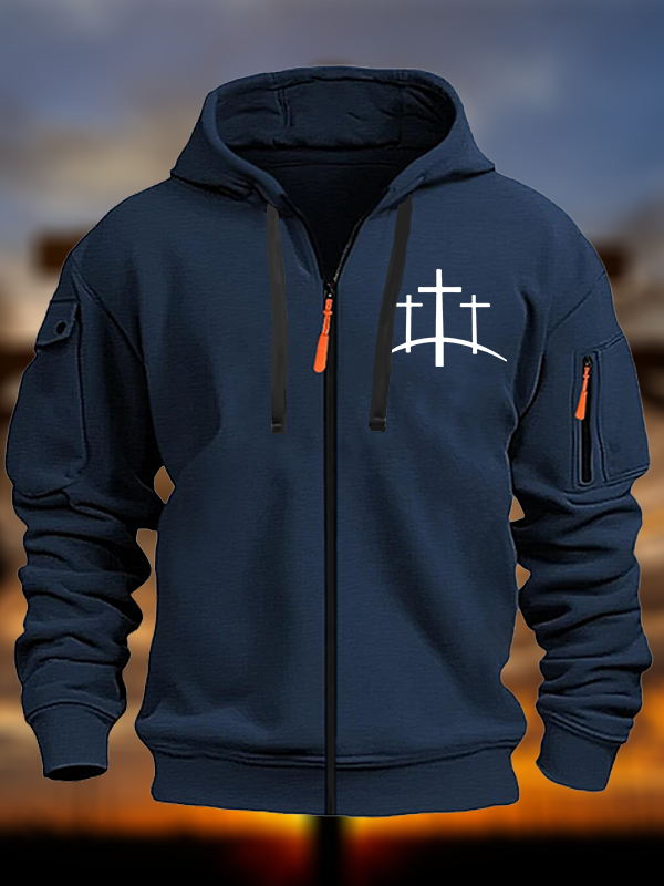 Cross Printed Zipper Hoodies