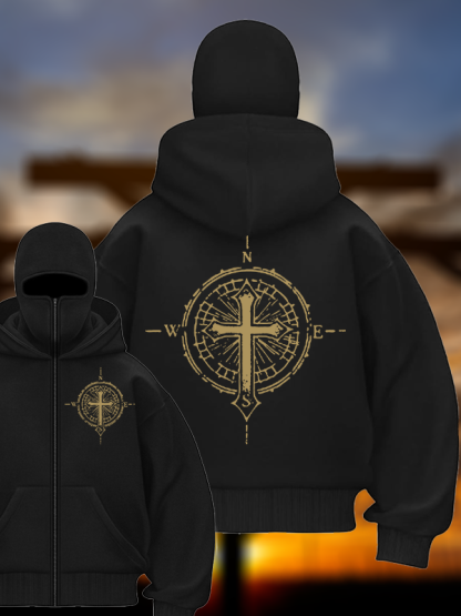 Cross Compass Jesus God Christian Double Hooded Balaclava Hoodie