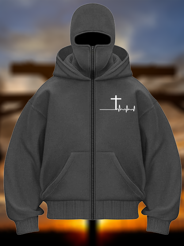 ECG Cross Jesus God Christian Double Hooded Balaclava Hoodie