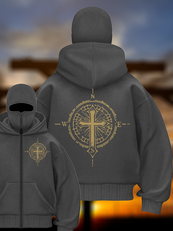 Cross Compass Jesus God Christian Double Hooded Balaclava Hoodie