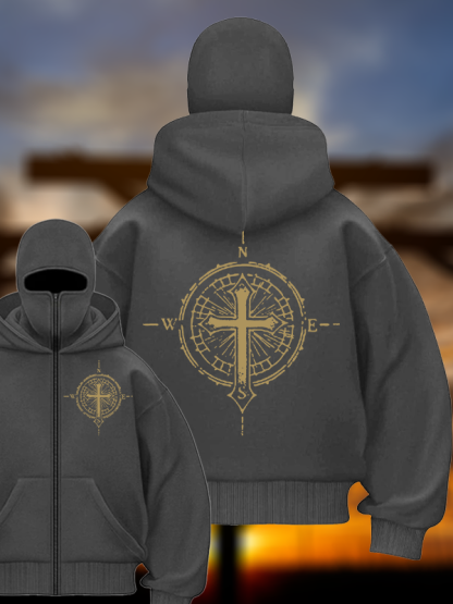 Cross Compass Jesus God Christian Double Hooded Balaclava Hoodie