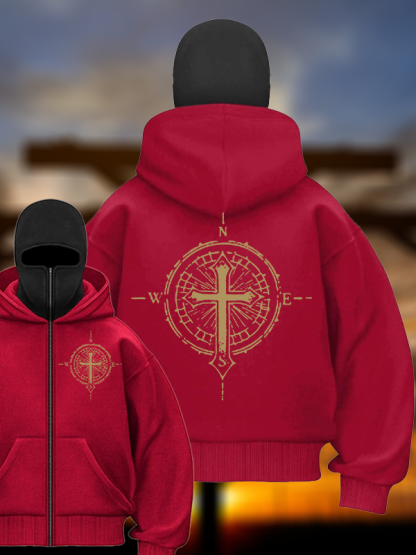 Cross Compass Jesus God Christian Double Hooded Balaclava Hoodie