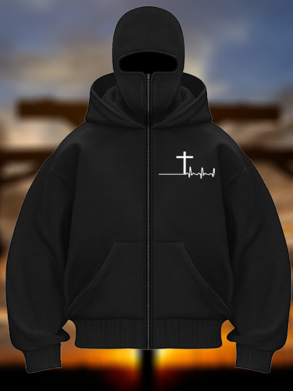ECG Cross Jesus God Christian Double Hooded Balaclava Hoodie