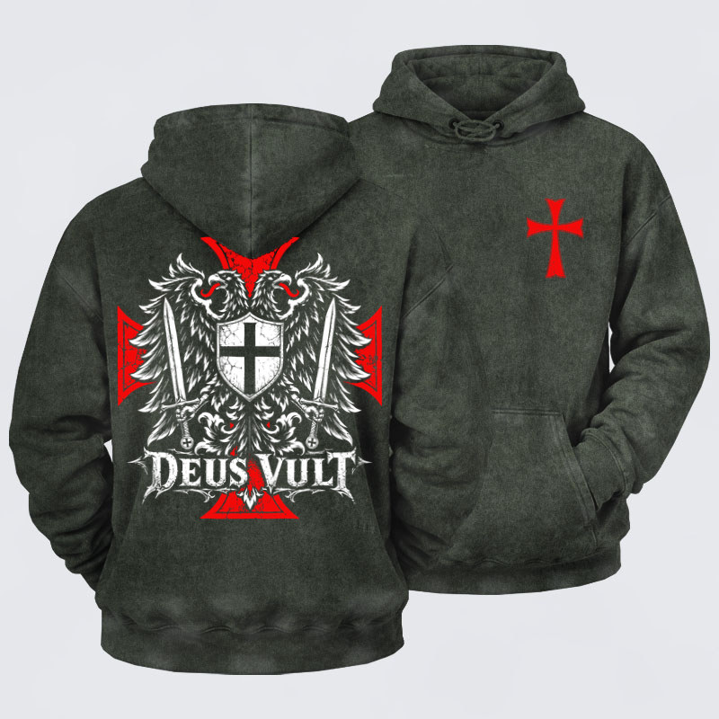 Washed Hoodies -Deus Vult – Medieval Christian Double-Headed Eagle