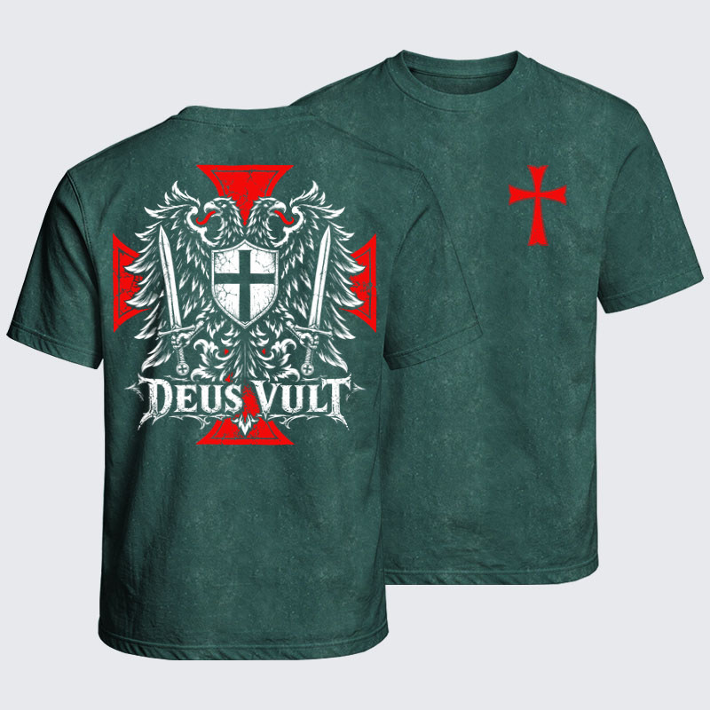 Washed T-Shirt - Deus Vult – Medieval Christian Double-Headed Eagle