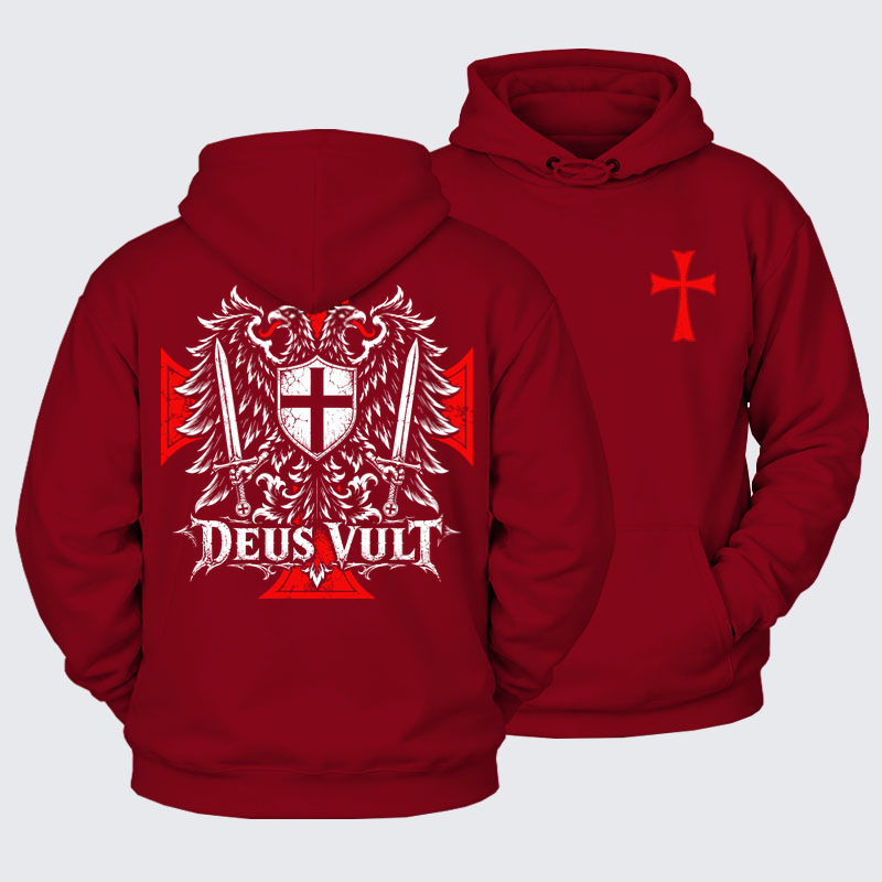 Plush Fleece-Lined Hoodie - Deus Vult – Medieval Christian Double-Headed Eagle