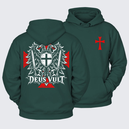 Plush Fleece-Lined Hoodie - Deus Vult – Medieval Christian Double-Headed Eagle