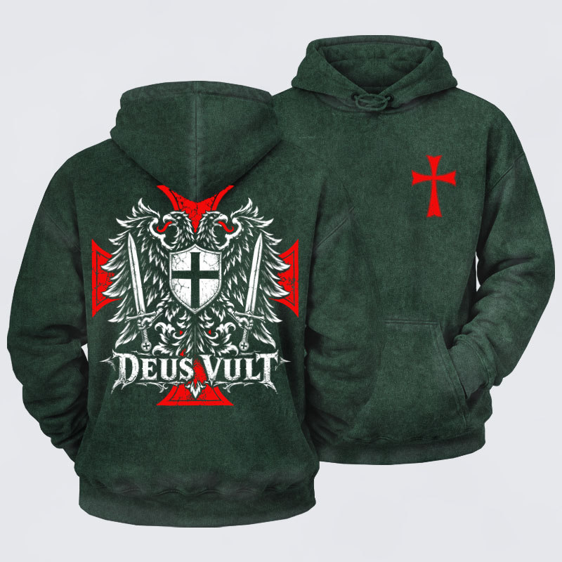Washed Hoodies -Deus Vult – Medieval Christian Double-Headed Eagle