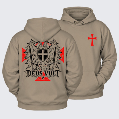 Plush Fleece-Lined Hoodie - Deus Vult – Medieval Christian Double-Headed Eagle