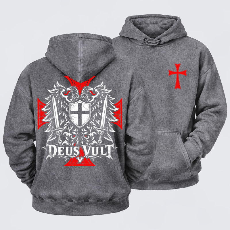 Washed Hoodies -Deus Vult – Medieval Christian Double-Headed Eagle