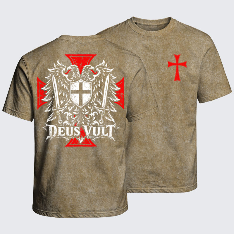 Washed T-Shirt - Deus Vult – Medieval Christian Double-Headed Eagle