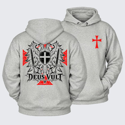 Plush Fleece-Lined Hoodie - Deus Vult – Medieval Christian Double-Headed Eagle