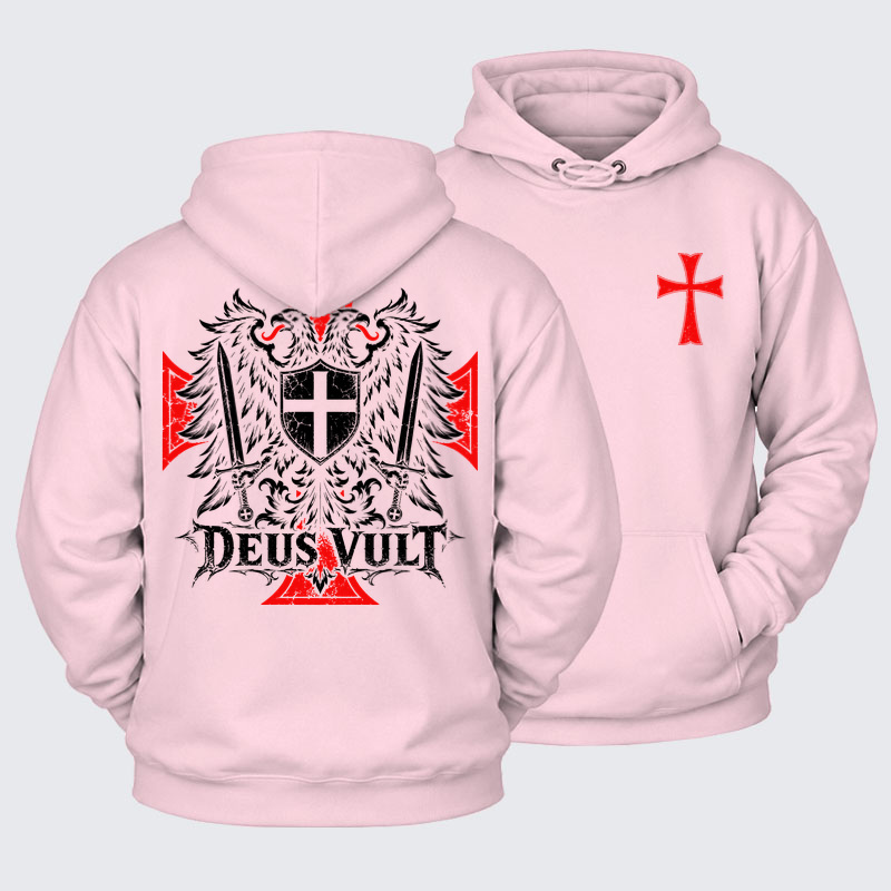 Plush Fleece-Lined Hoodie - Deus Vult – Medieval Christian Double-Headed Eagle