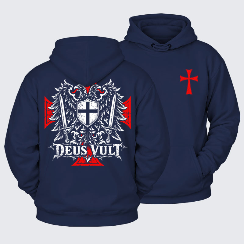 Plush Fleece-Lined Hoodie - Deus Vult – Medieval Christian Double-Headed Eagle