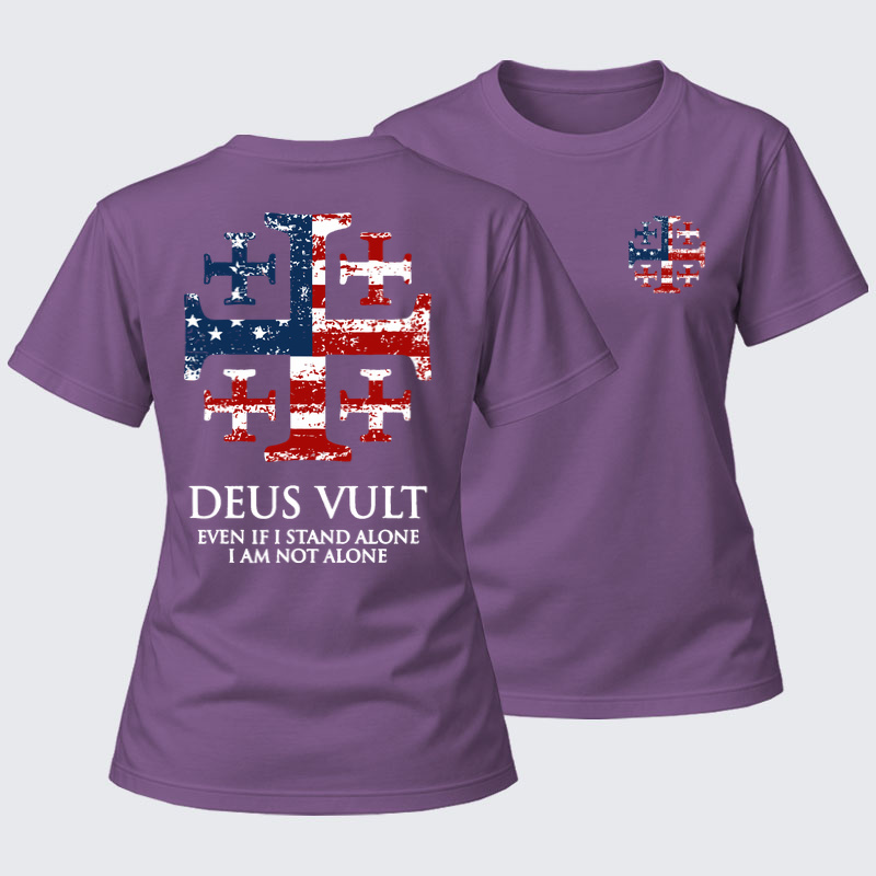 Women's T-shirts   - Deus Vult Jerusalem Cross Usa Flag Even If I Stand Alone, I Am Not Alone