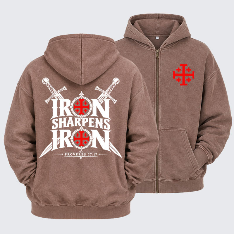 Washed Zip-Up Hoodie  – Iron Sharpens Iron Proverbs 27:17