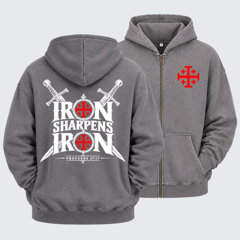 Washed Zip-Up Hoodie  – Iron Sharpens Iron Proverbs 27:17
