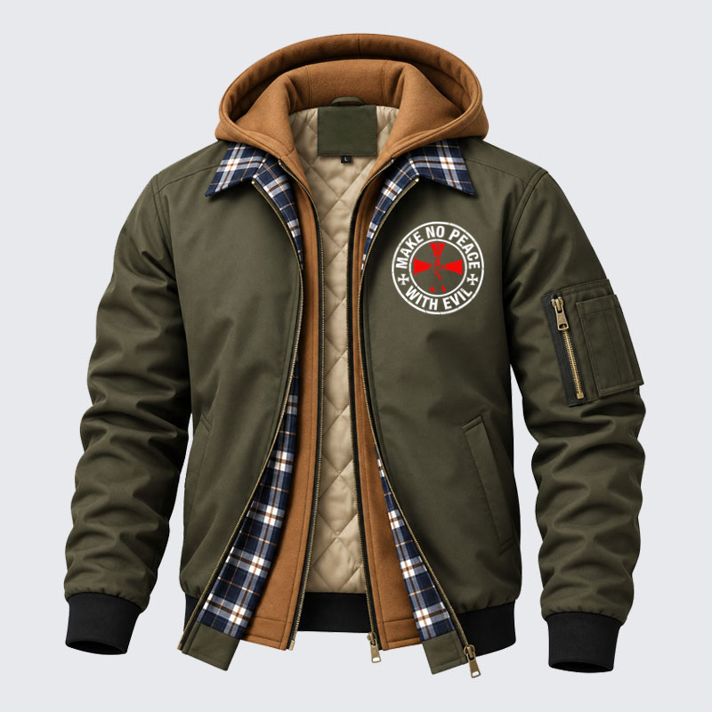 Hooded Bomber Jacket - Make No Peace with Evil Knight Templar Cross