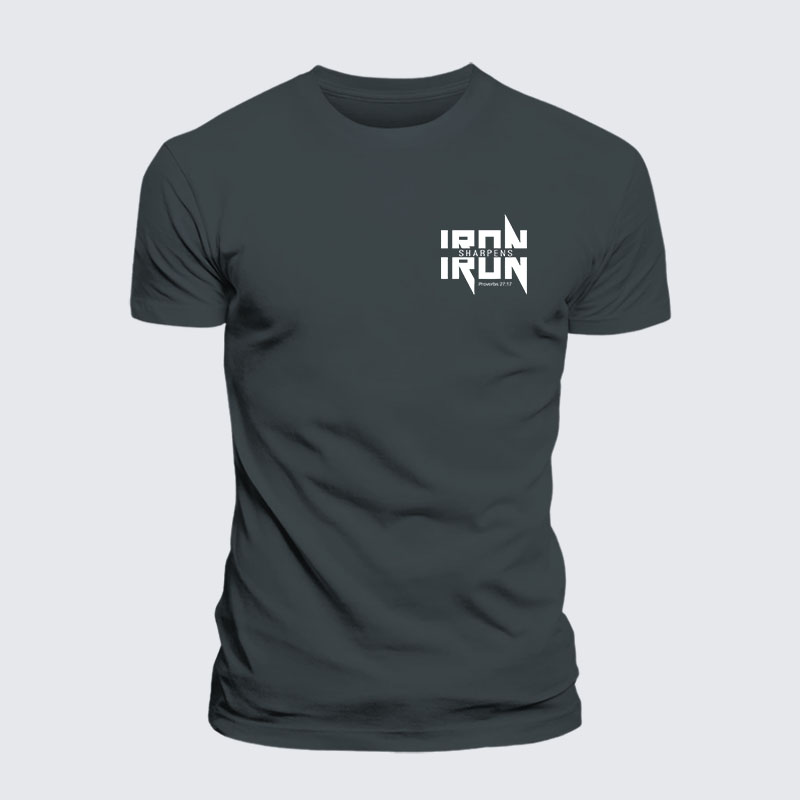 IRON SHARPENS IRON Proverbs 27:17 Jesus God Christian– Comfort Tee